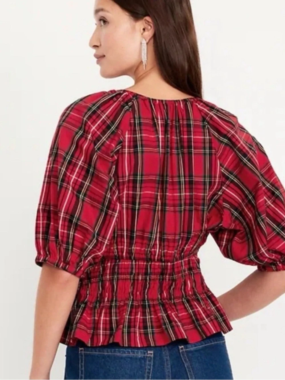 Old Navy Red Plaid Smocked Peplum Blouse, Size XL, NWT